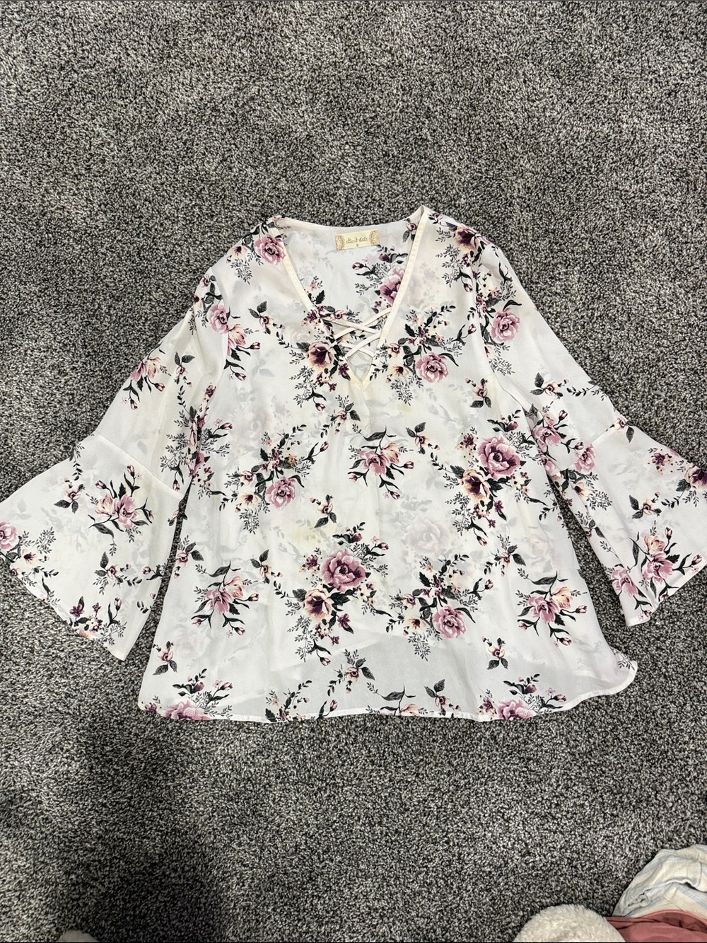 Altar'd State White Floral Lace-Up Bell Sleeve Tunic